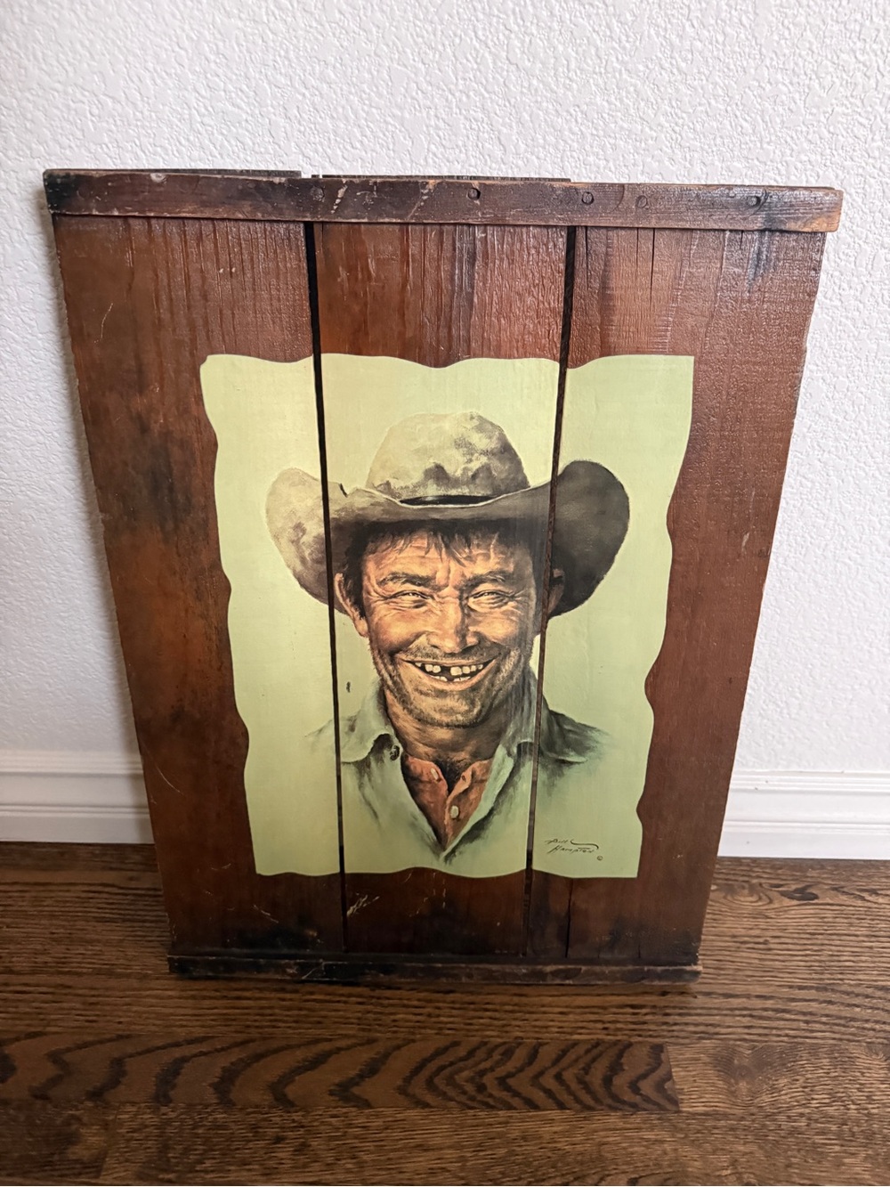 Bill Hampton vintage Wood Panel Cowboy Portrait print Wall Art - signed artist